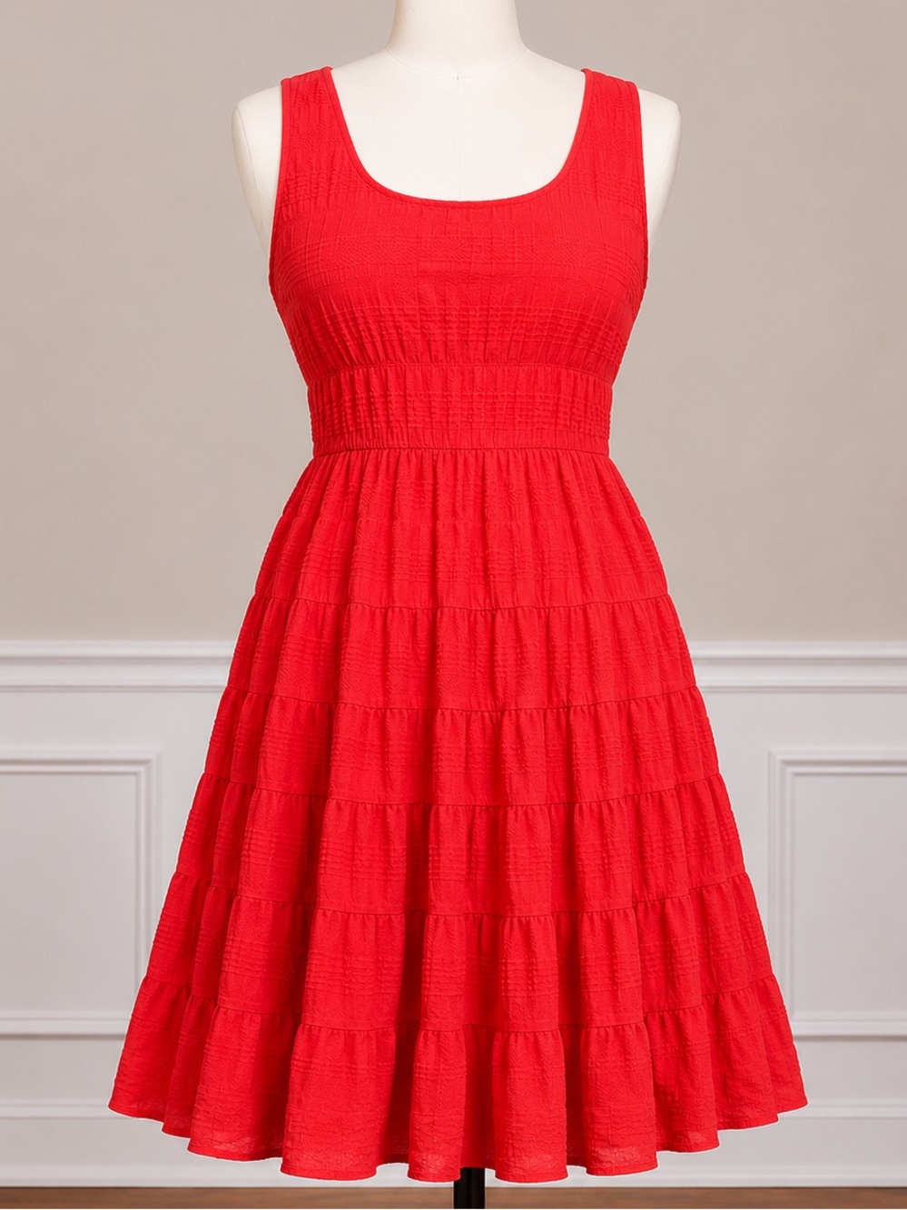 MAX STUDIO CORAL RED ORANGE TEXTURED TIERED DRESS | SLEEVELESS | SIZE L | NWT - Picture 3 of 8
